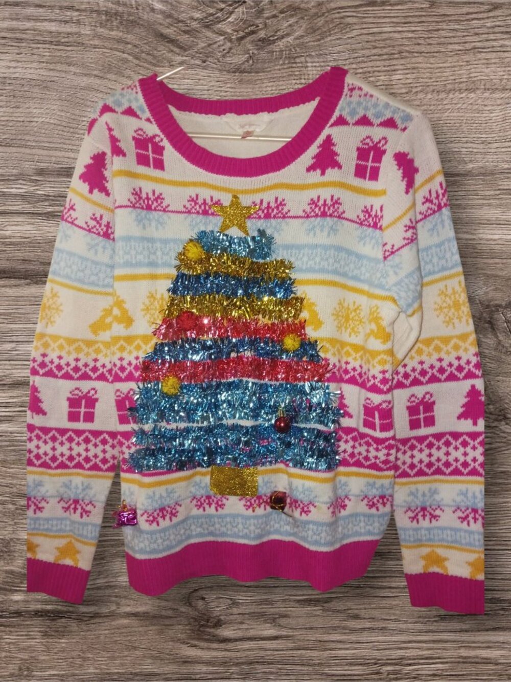 No Boundaries Christmas Tree Ugly Christmas Sweater Size XL (15-17) Tinsel Holid